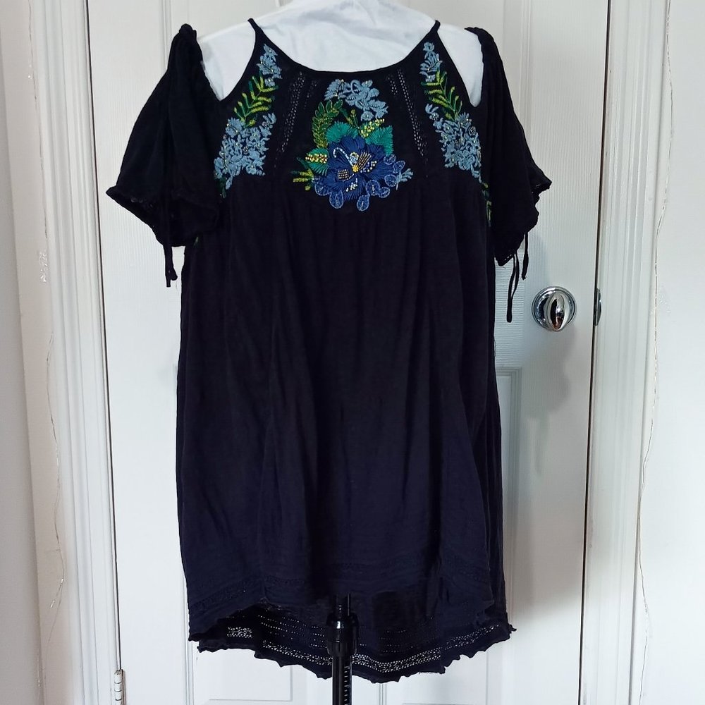 Free People Navy Embroidered Beaded Cold Shoulder Open Back Top Size Large